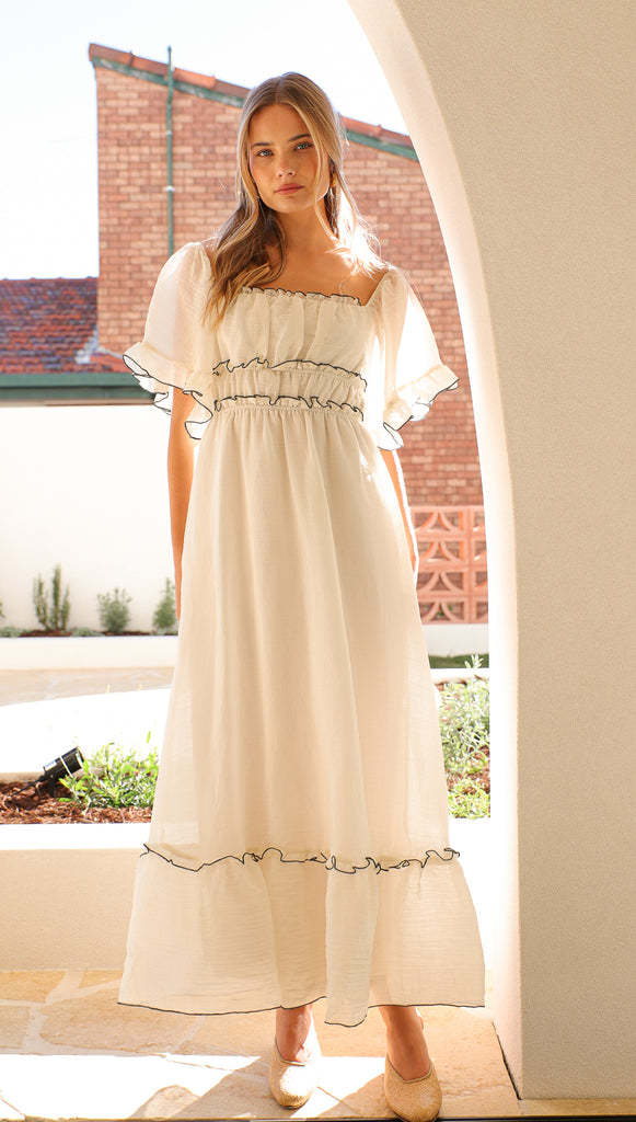 White Off Shoulder Maxi Dress with Black Ruffle Trim
