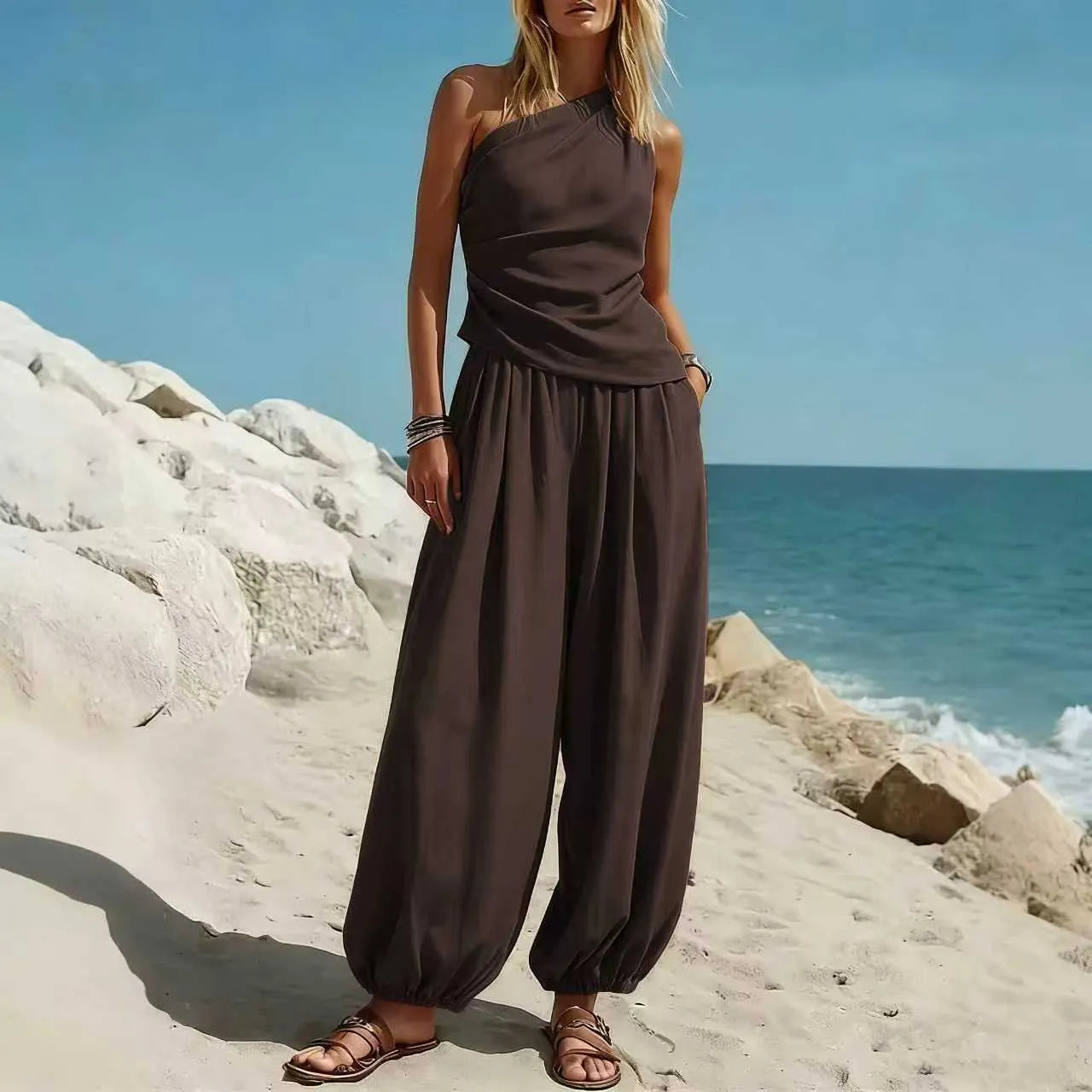 2 Piece Outfit, One Shoulder Ruched Tank Top and Loose Harem Pants Set