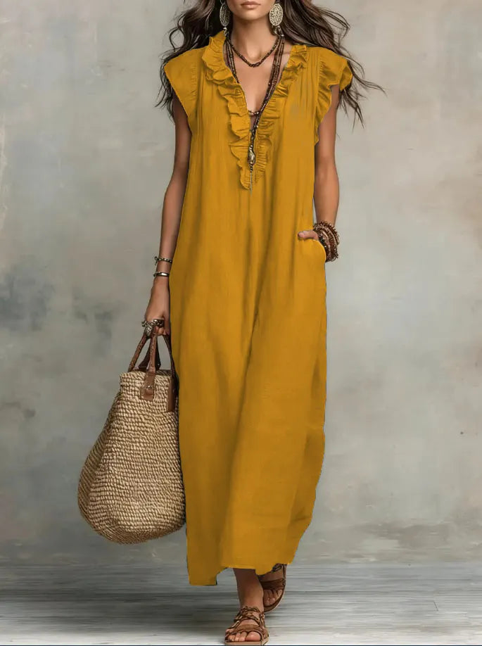 Ruffle-Trimmed Linen-Blend Maxi Dress