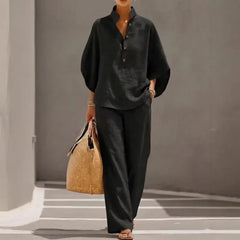 Solid Color Casual Two-Piece Shirt & Pants Set