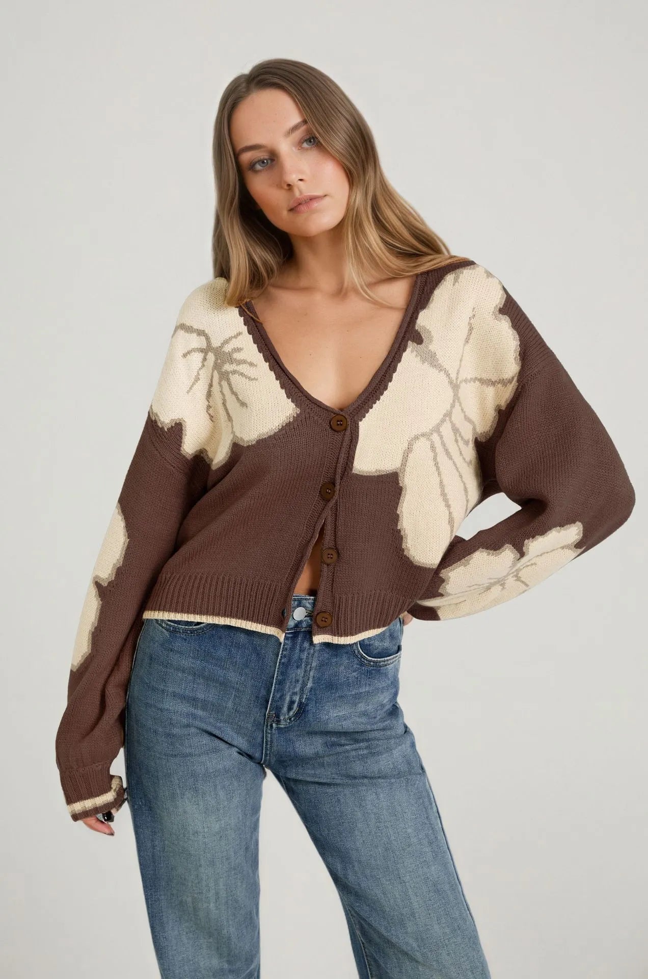 Oversized Floral Print Knit Cardigan Vintage Big Flower Long Sleeve Button Front Top