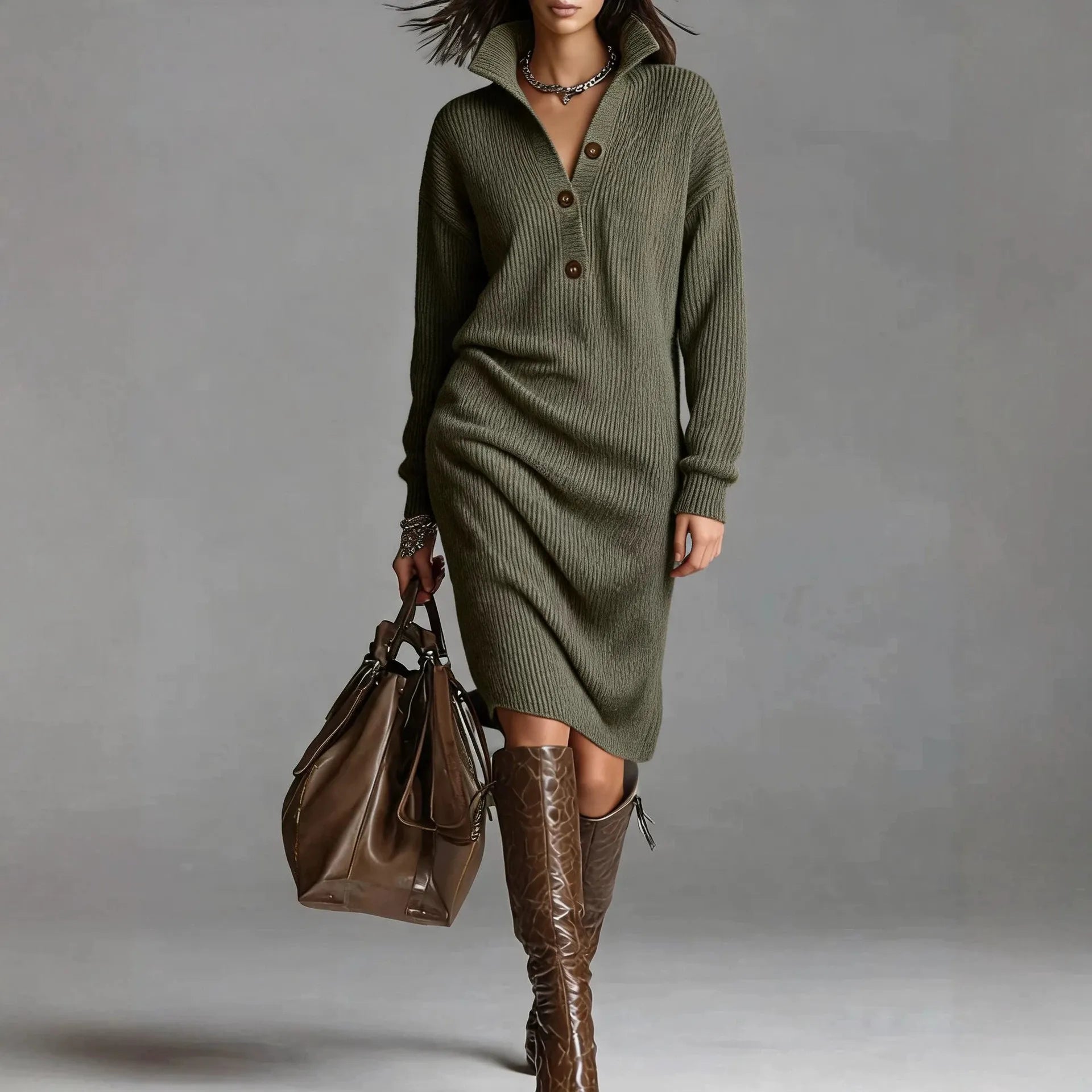 Collared Henley Button Front Loose Sweater Dress