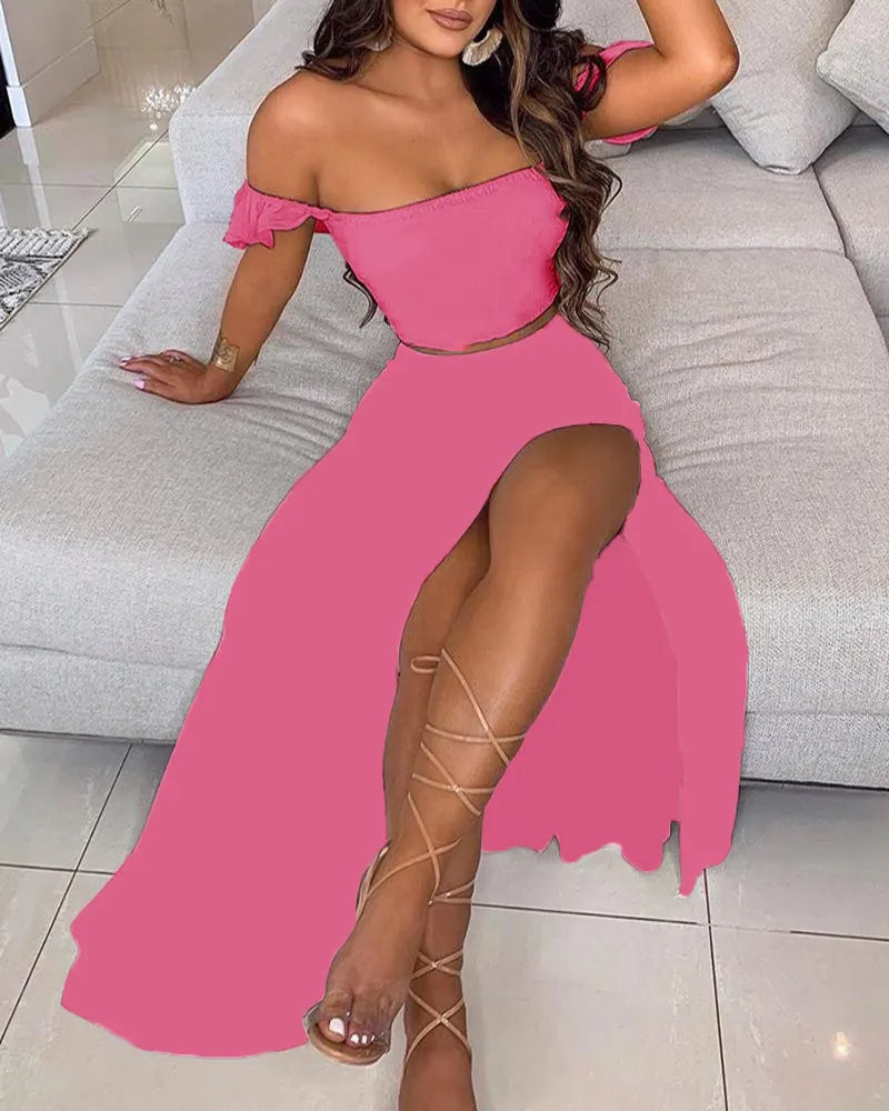 Off Shoulder Ruffle Crop Top & Floral Print High Slit Maxi Skirt 2 Piece Outfit Set
