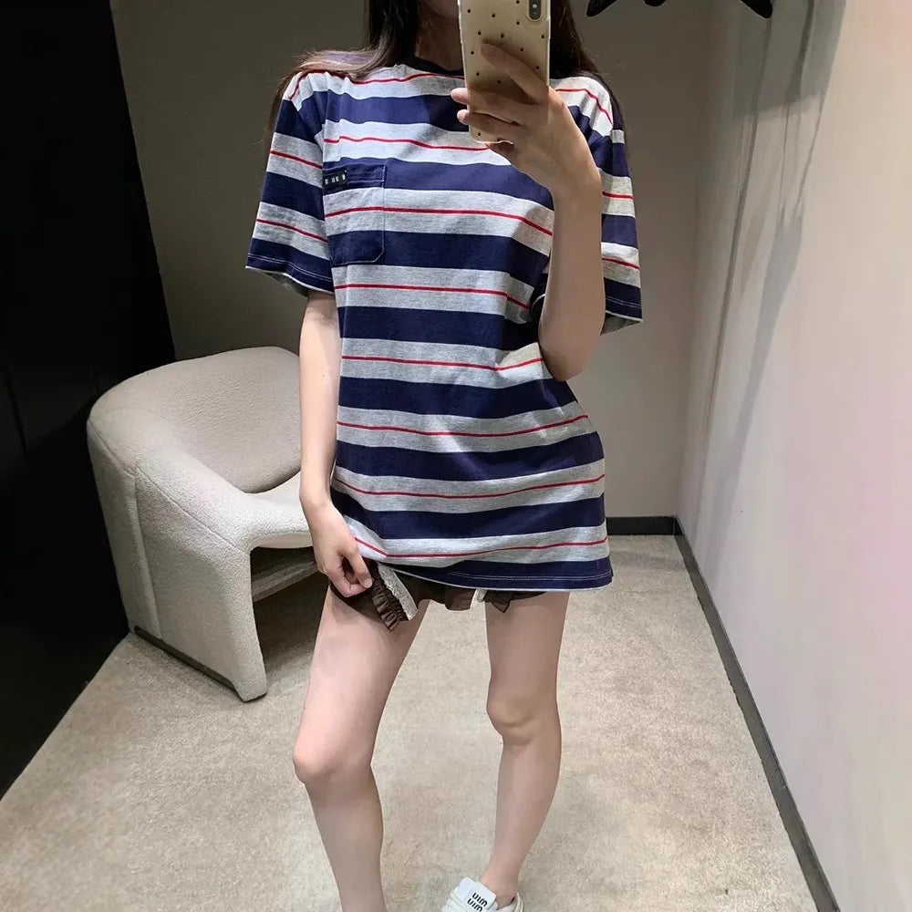 Round Neck Multi-Color Stripe Loose Short Sleeve Cotton T-Shirt