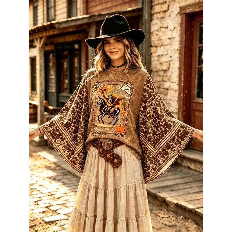 Retro Autumn Halloween Top, Crew Neck Ghost & Pumpkin Print Mixed Pattern Bell Long Sleeve Shirt