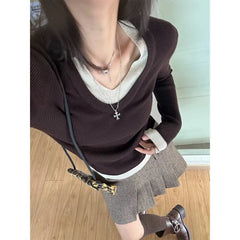 Mock Two‑Piece Contrast V Neck Ribbed Knit Top