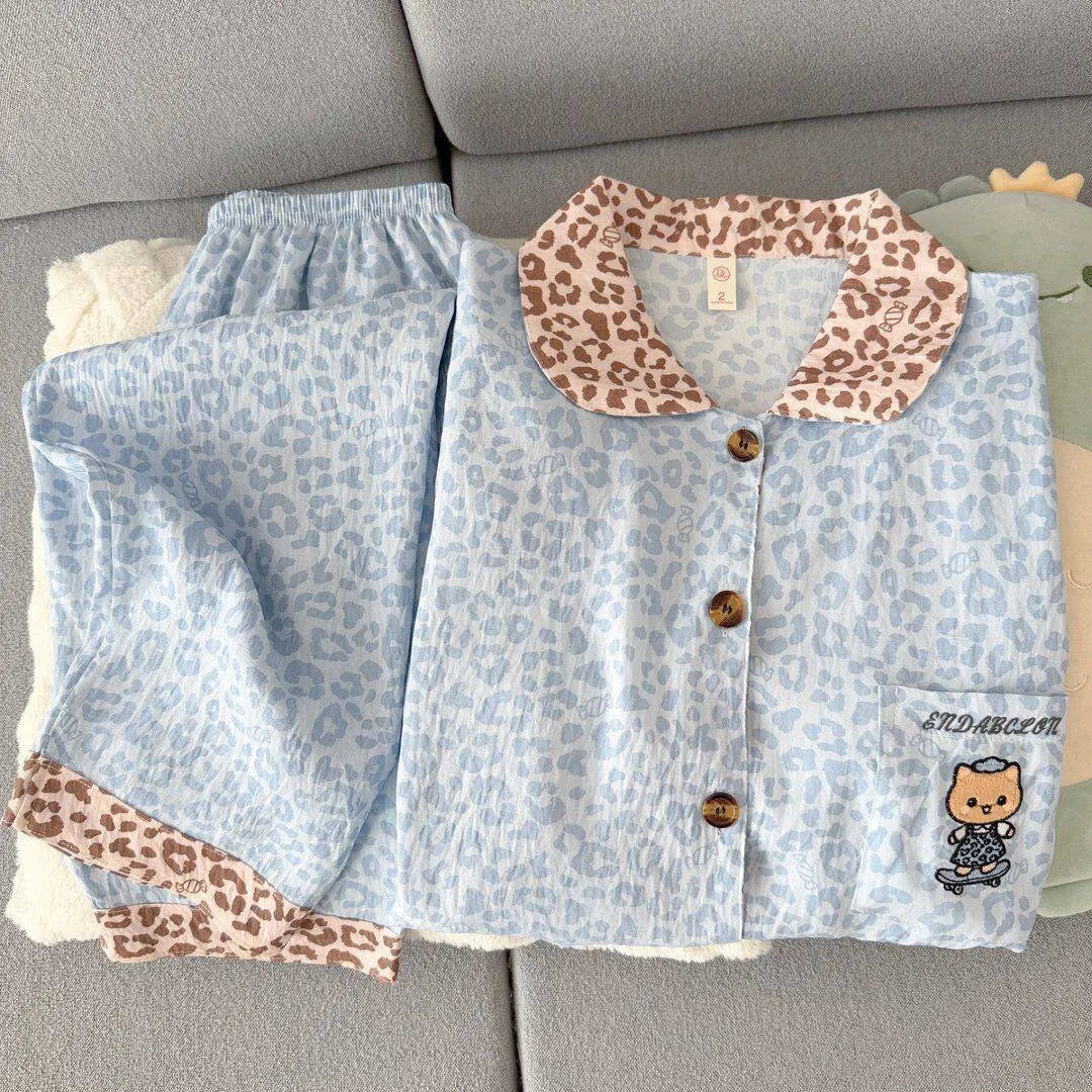 Light Blue Leopard Shirt & Pants 2 Piece Pajamas with Pocket Embroidery