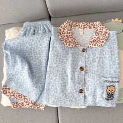 Light Blue Leopard Shirt & Pants 2 Piece Pajamas with Pocket Embroidery