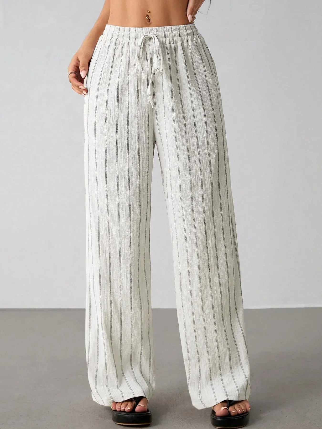 Vertical Striped Elastic Waist Wide Leg Pants