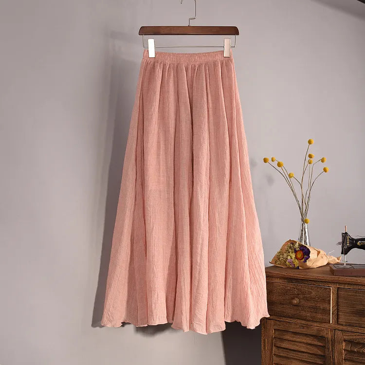 Linen Blend Maxi Skirt High Waist Pleated Flowy Skirt