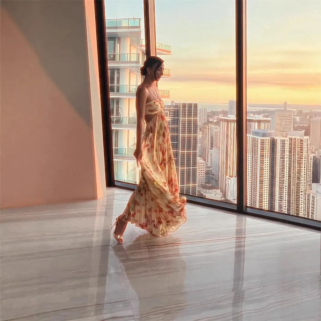 Floral Halter Cutout Pleated Maxi Dress