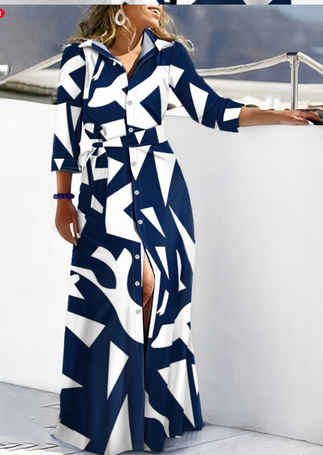 Geometric Print Belted Long Sleeve Maxi Shirt Dress