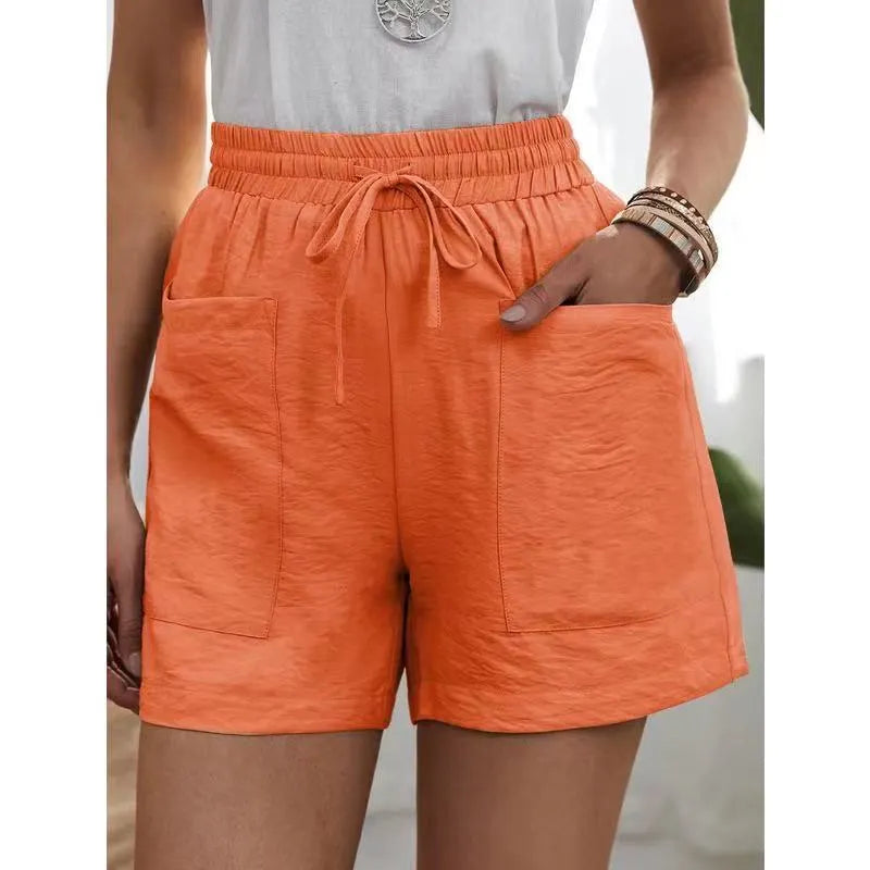 Solid Color Elastic Waist Drawstring Pocket Detail Wide Leg Shorts