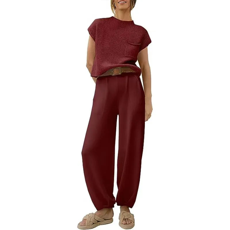 White Knit Short-Sleeve Top & Khaki High-Waisted Pants Two-Piece Set