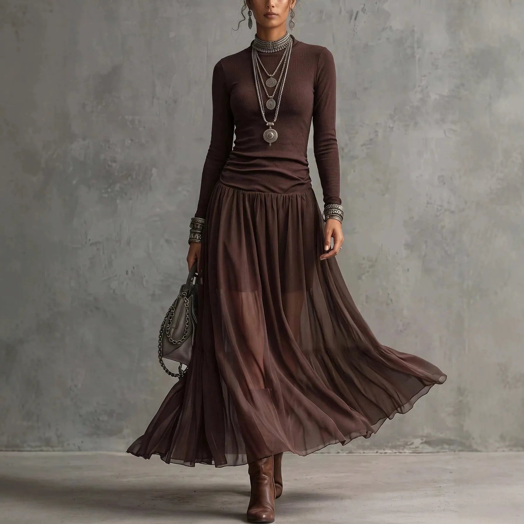 Crew Neck Pleated Maxi Dress