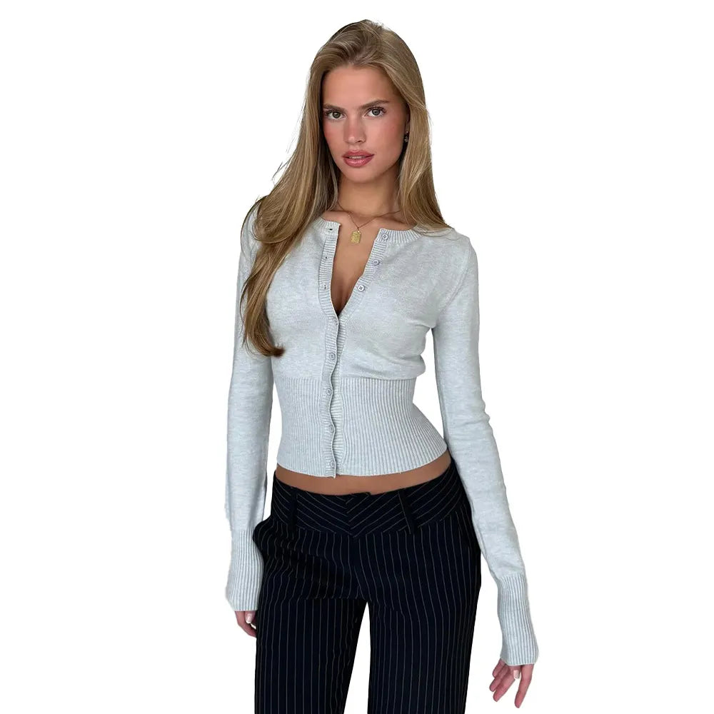 Y2K Button Front Crop Knit Top, Round Neck Long Sleeve Fitted Gray Sweater Cardigan
