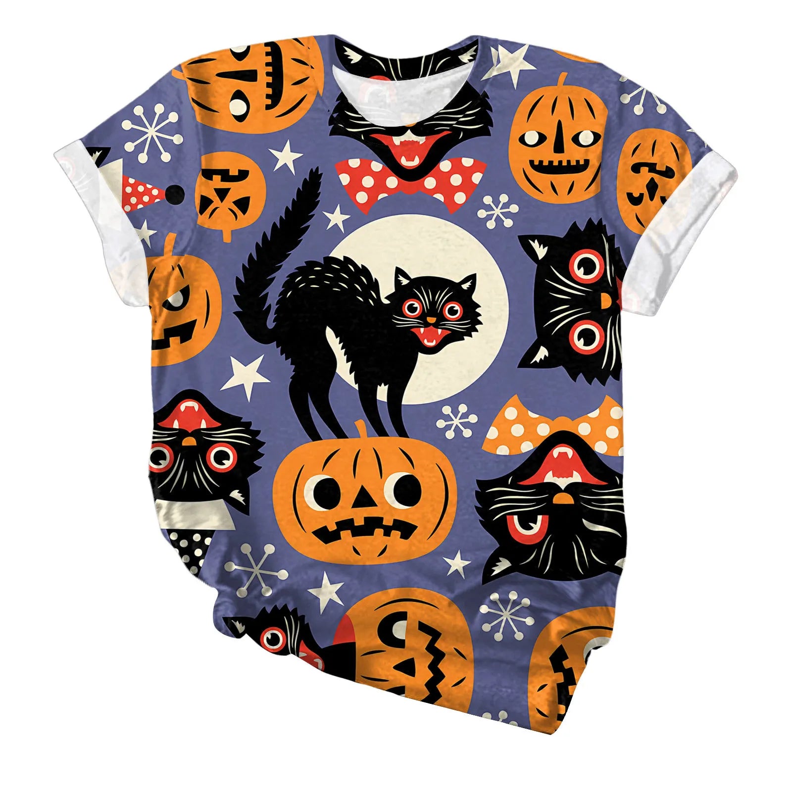 Halloween Black Cat Pumpkin Print Crew Neck Short Sleeve T‑Shirt