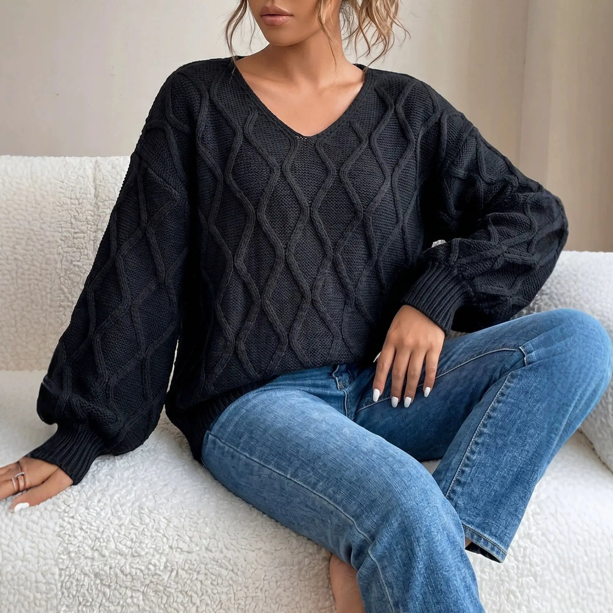 Terracotta V Neck Cable Knit Sweater Long Sleeve Loose Diamond Textured Pullover