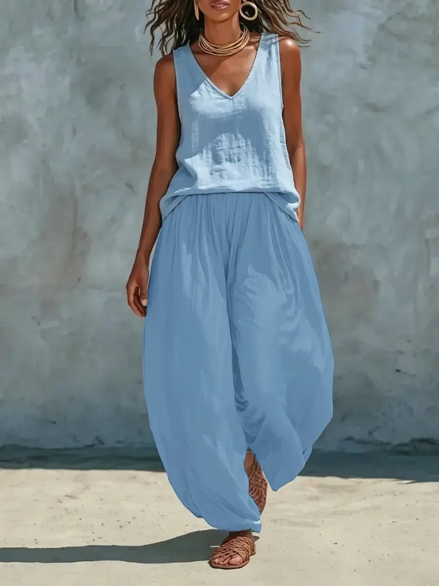 V Neck Sleeveless Vest & Elastic Waist Wide Leg Long Pants