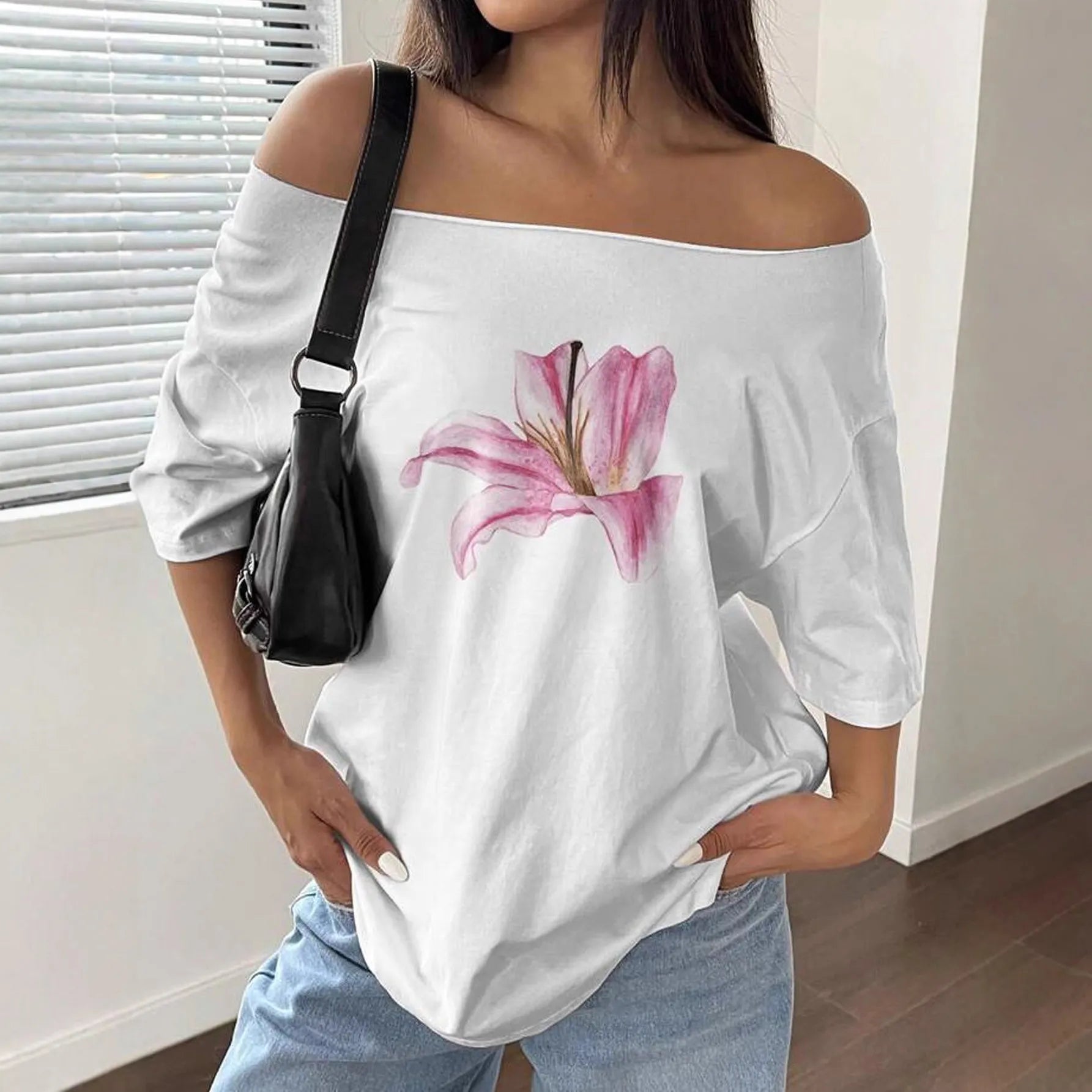 Floral Print Irregular Neck Loose Short Sleeve Casual Top