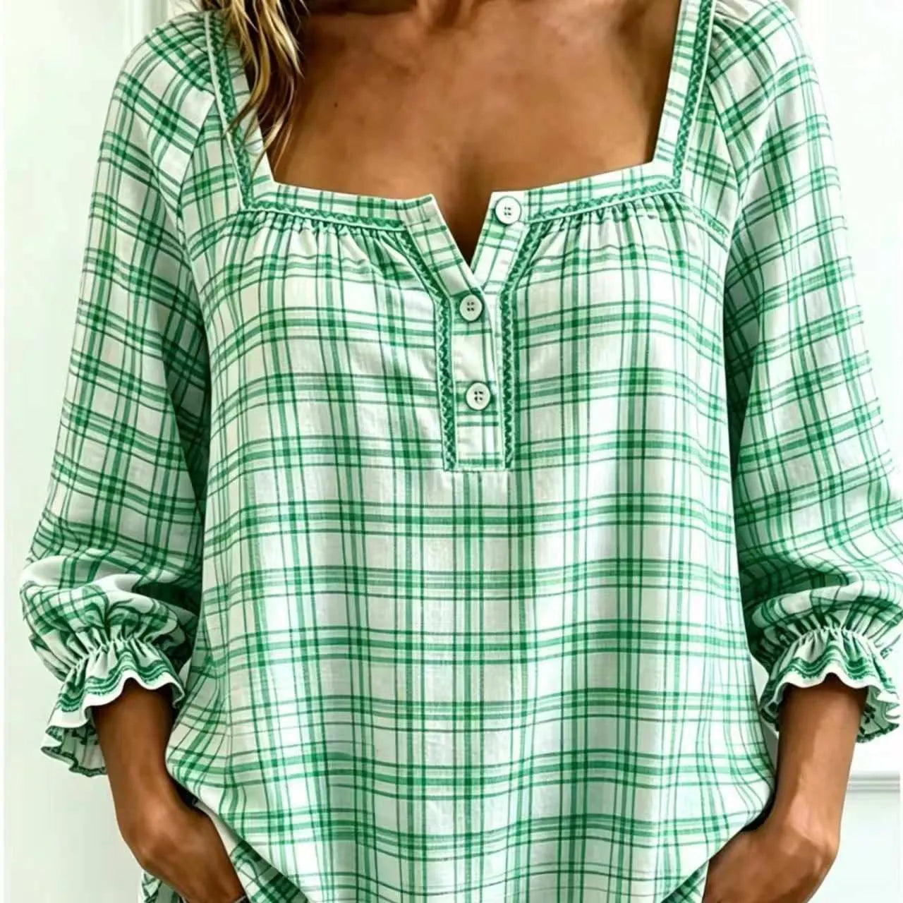 Plaid Square Neck Button Front Bubble 7/4 Sleeve Loose Casual Blouse
