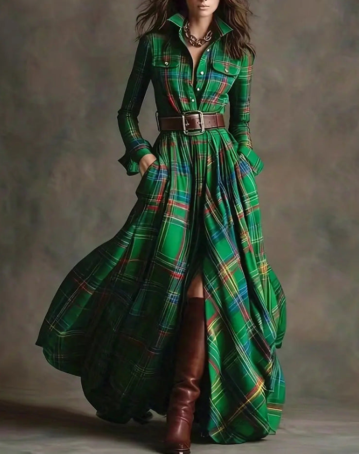 Vintage Western Tartan Plaid Maxi Dress for Collared Long Sleeve Flowy A Line Shirt Dress