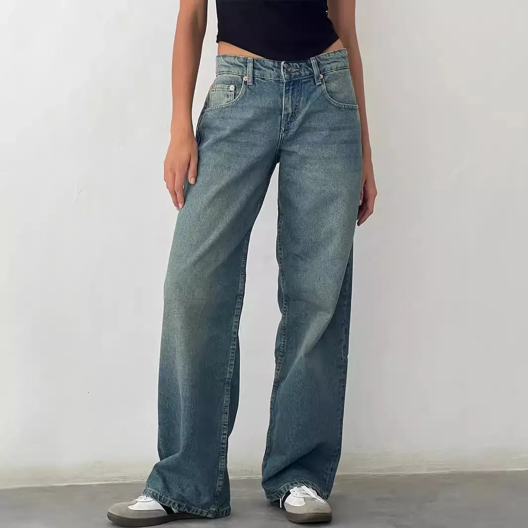 Vintage Wash Low Rise Wide Leg Denim Jeans