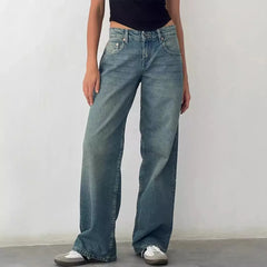 Vintage Wash Low Rise Wide Leg Denim Jeans