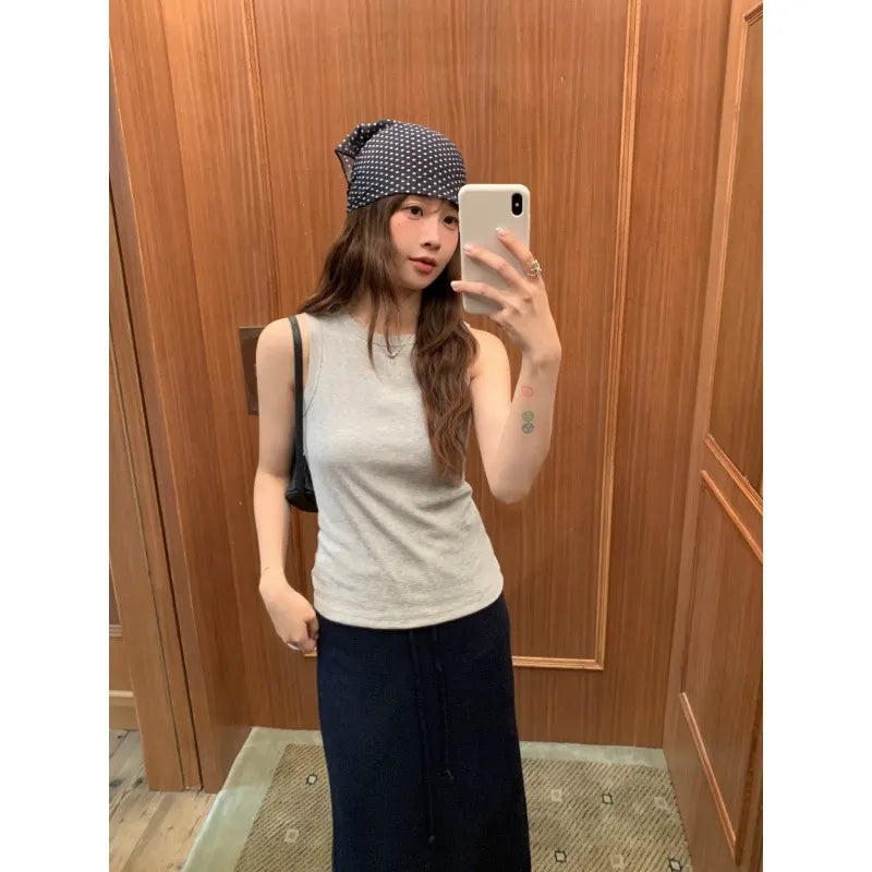 Round Neck Sleeveless Fitted Basic Ribbed Tank Top