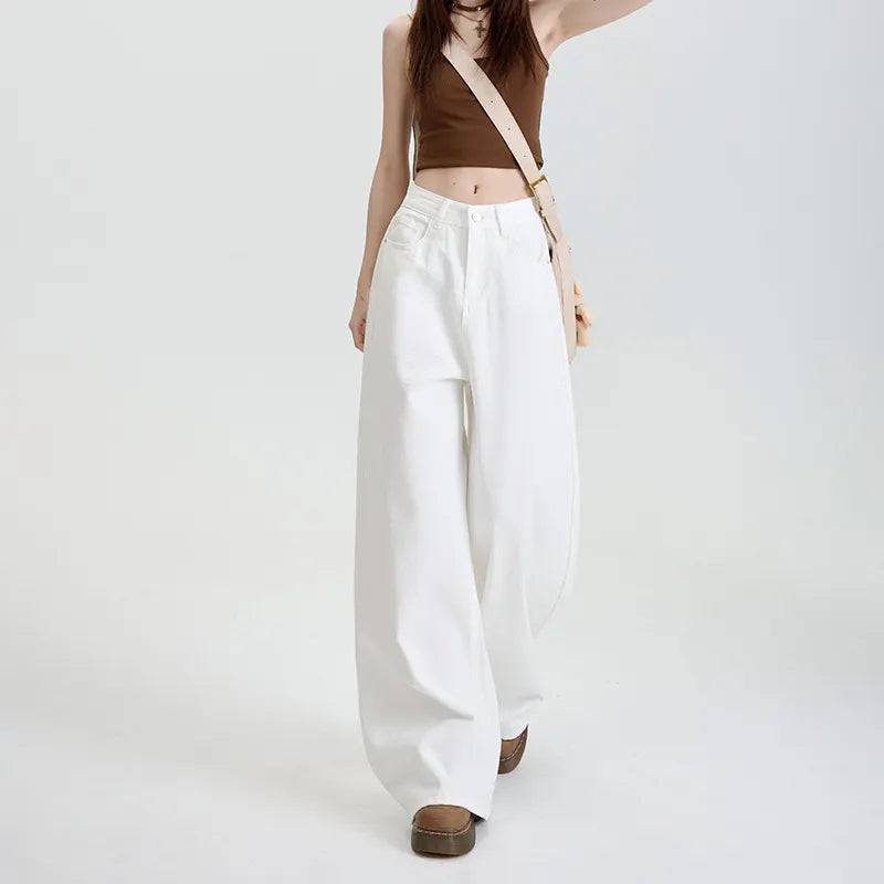 High Waist Non-Stretch Retro White Wide Leg Denim Pants