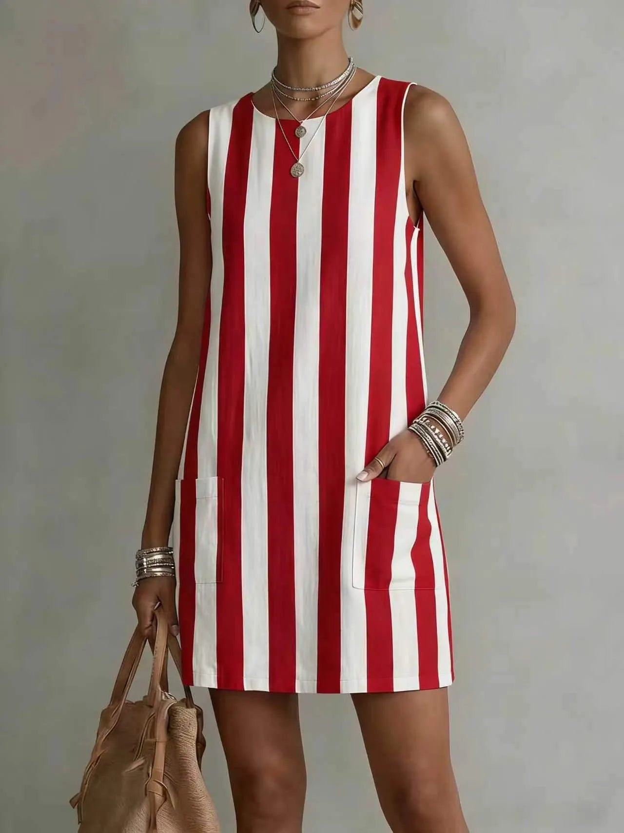 Round Neck Sleeveless Vertical Stripe Linen Mini Dress
