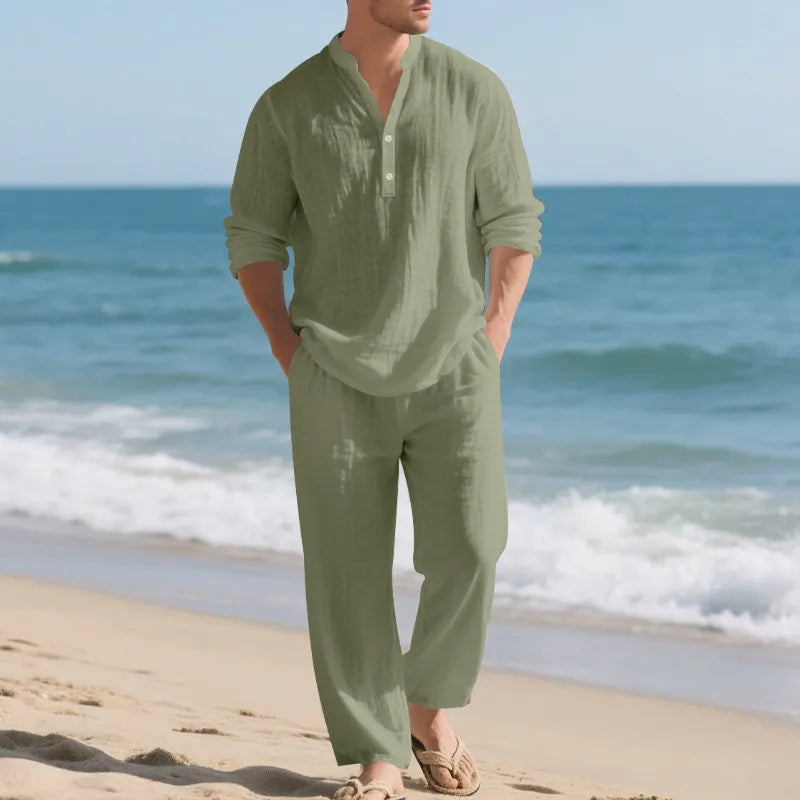 Men Stand Collar Half Button Linen Blend Long Sleeve Shirt