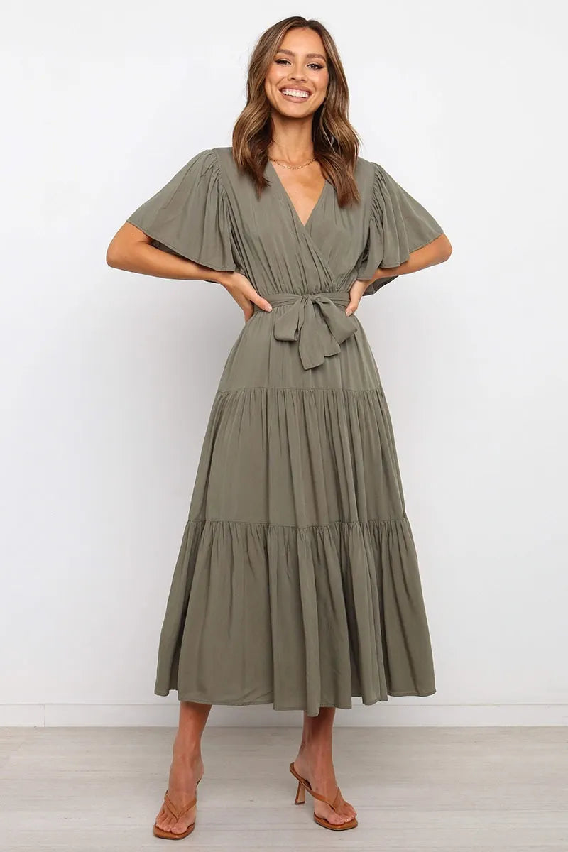 V Neck Flutter Short Sleeve Belted Tiered Maxi Swing Dress