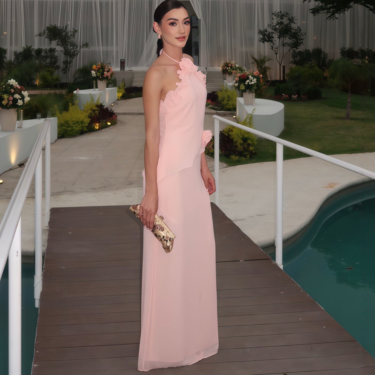 Pink 3D Floral Halter Neck Maxi Dress