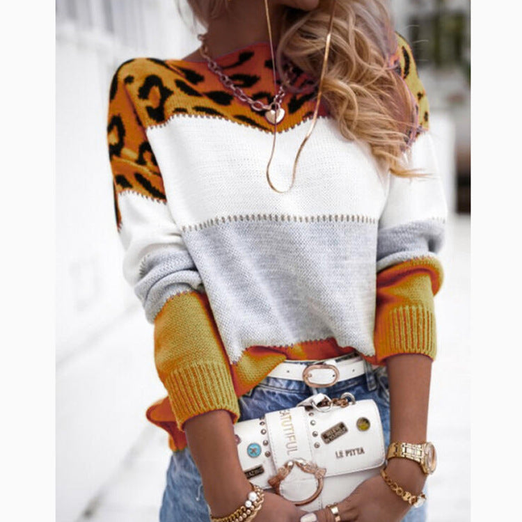 Grey White Pink Leopard Spliced Knit Top, Ladies Crewneck Color Block Casual Sweater