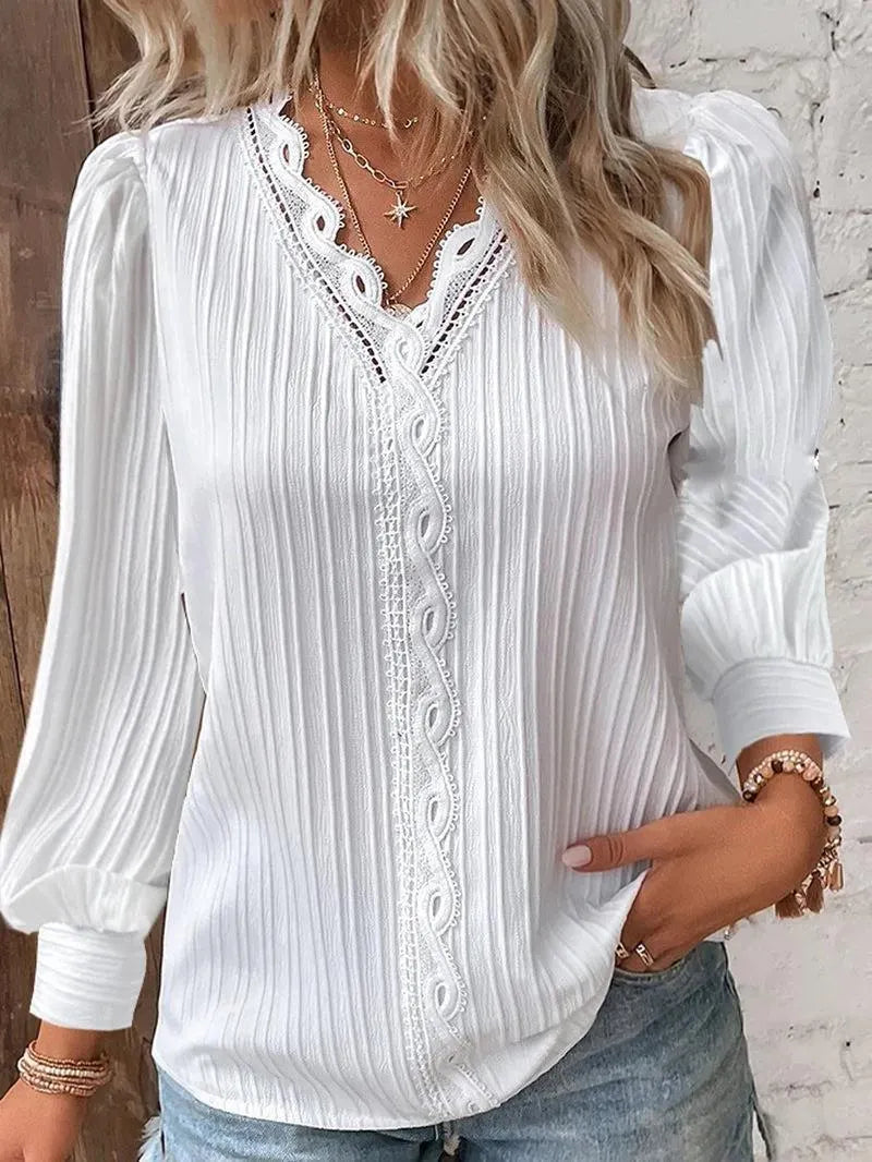 White Lace Trim Blouse, V-Neck Puff Sleeve Textured Long Sleeve Top