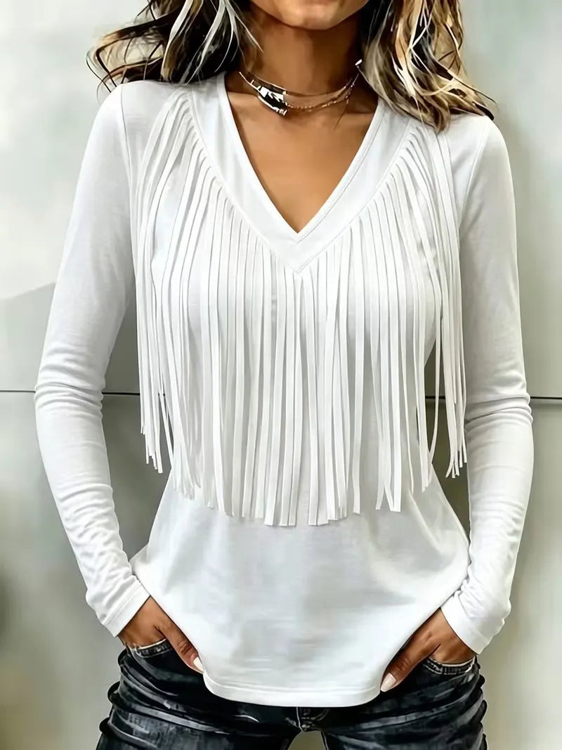 Country Style Fringed V Neck Shirt, Solid Burgundy Long Sleeve Slim Fit Western Cowboy Top