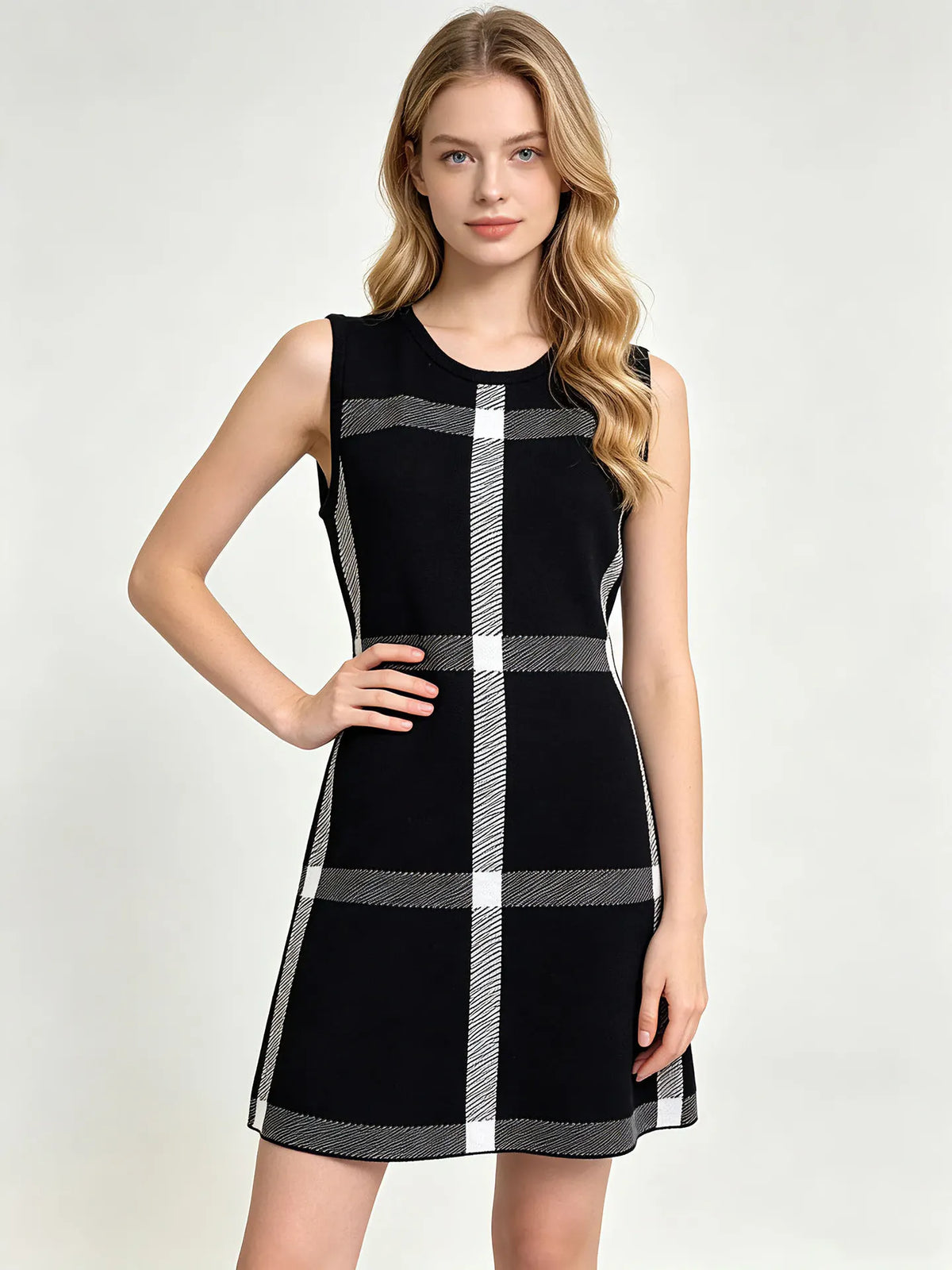 Plaid Sleeveless A-line Knit Dress