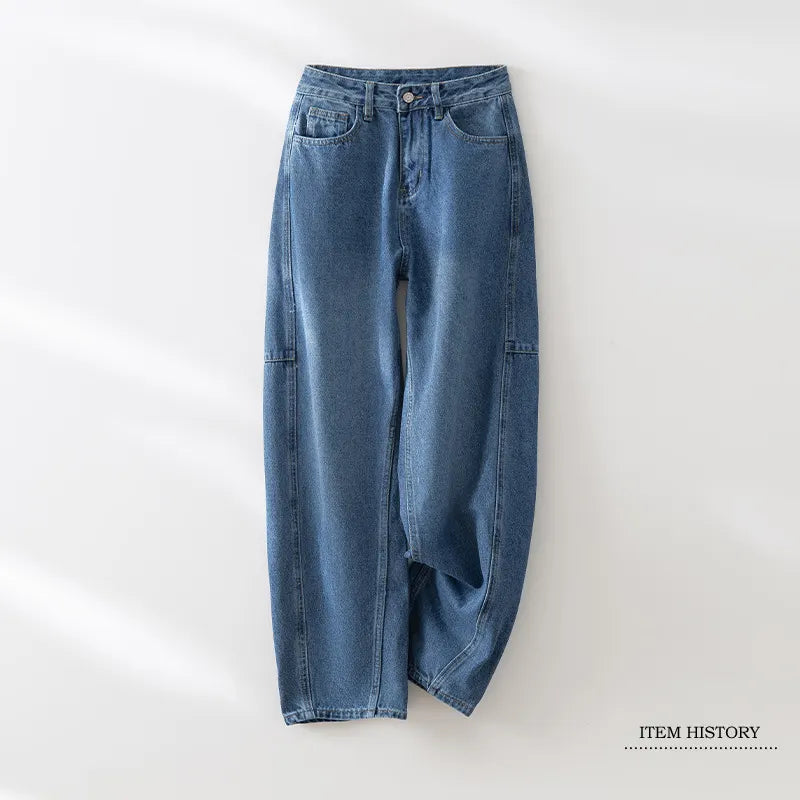 Matching Flowy Linen Look High Waist Loose Straight Washed Denim Casual Long Pants