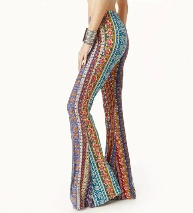 Bohemian Floral Print Elastic Waist Micro Flared Casual Pants