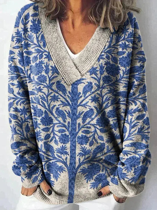 Halloween Pumpkin Print V‑Neck Sweater