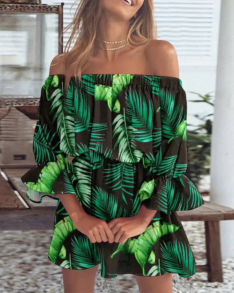 Off-the-Shoulder Ruffle Mini Dress, Floral Print Bell Sleeve Summer Dress