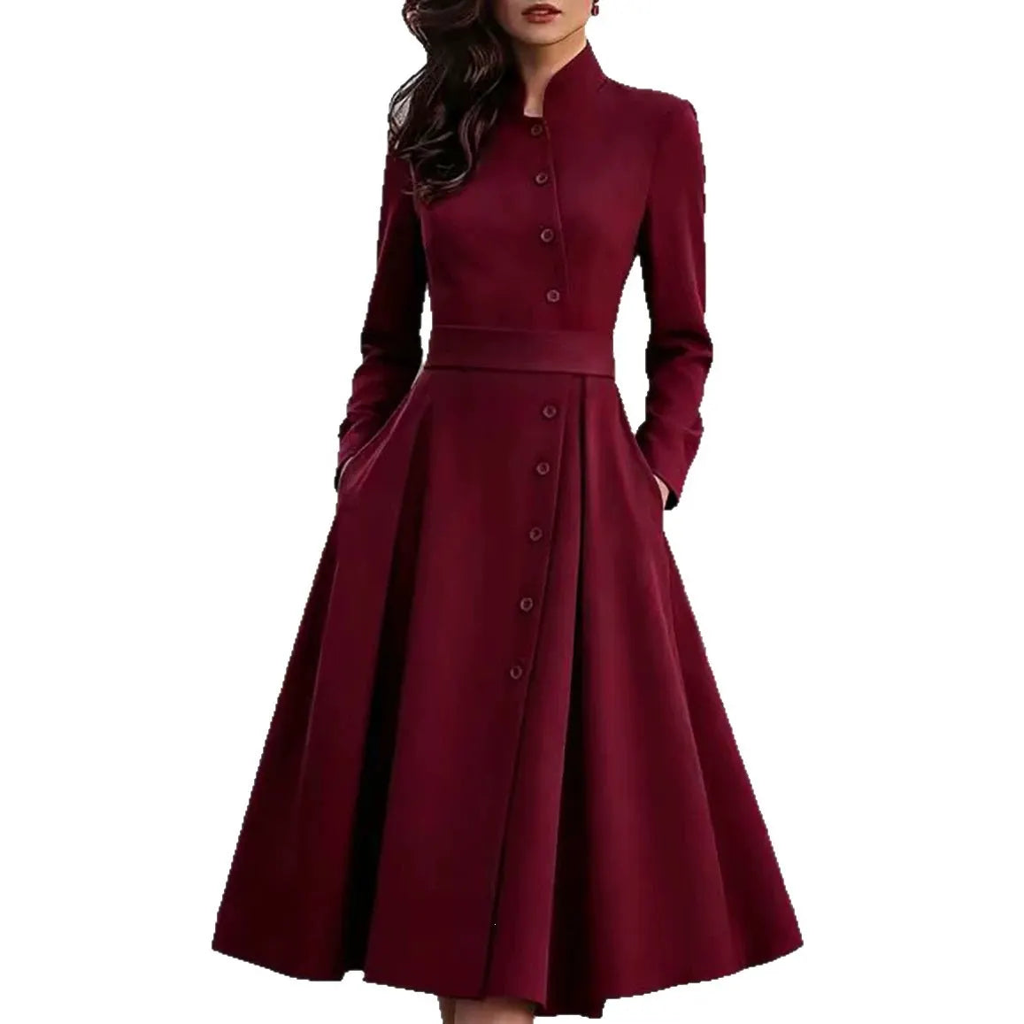 Burgundy Stand Collar Button Front Belted Midi Dress