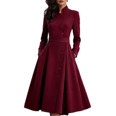 Burgundy Stand Collar Button Front Belted Midi Dress