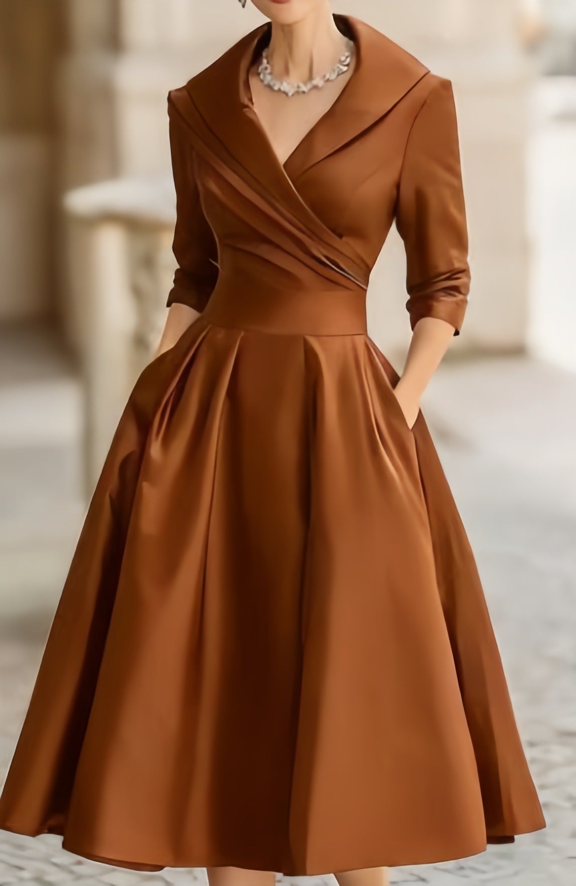 Lapel Collar Ruched Wrap Front 3/4 Sleeve A Line Midi Cocktail Dress