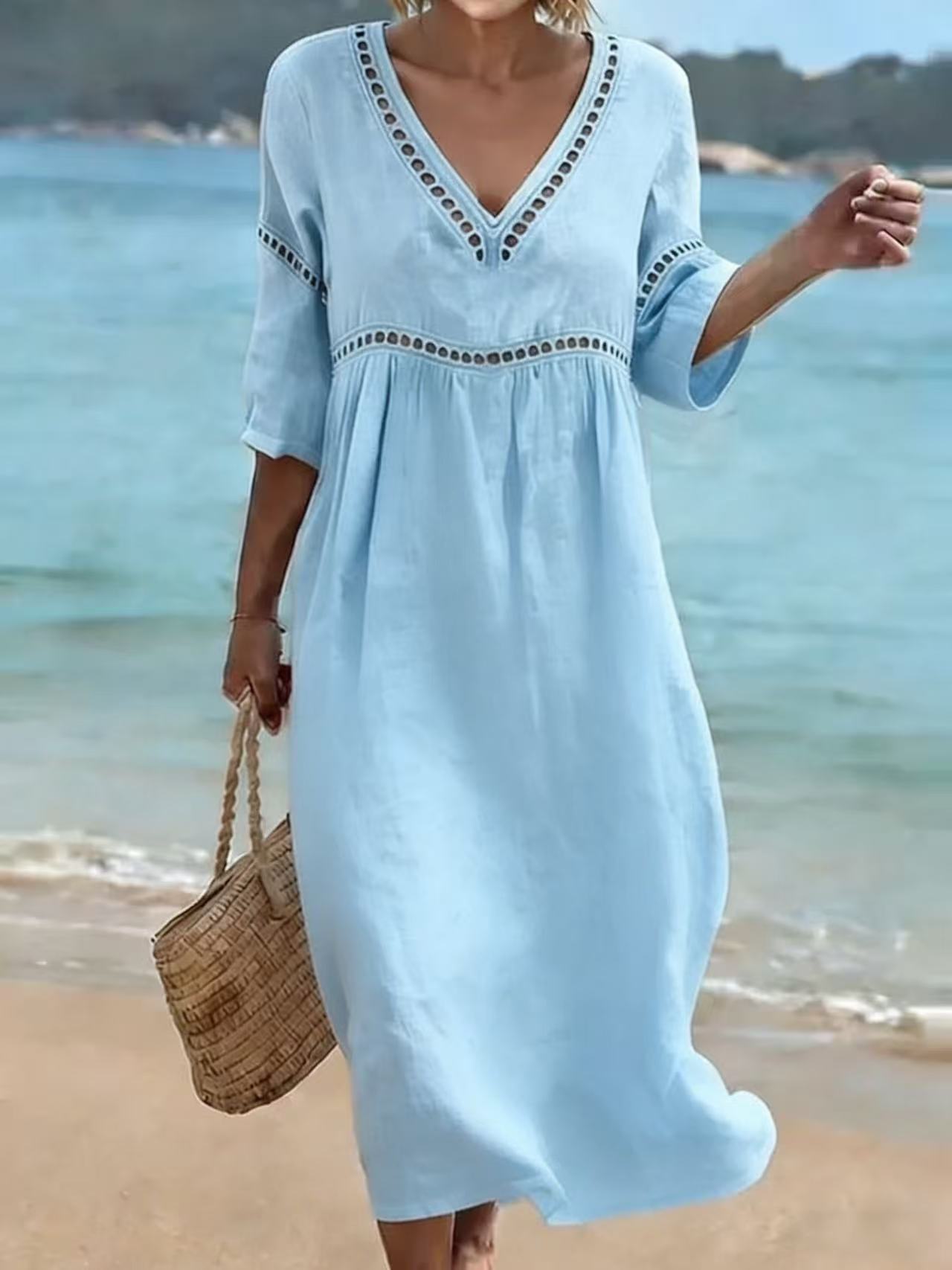 Deep V Neck Embroidery Trim Loose Cotton Linen Pull Pleat Maxi Dress