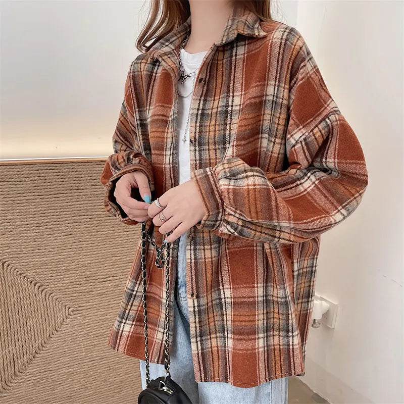 Fall Oversized Brown Black Plaid Shirt, Long Length Button Front Loose Fit Blouse