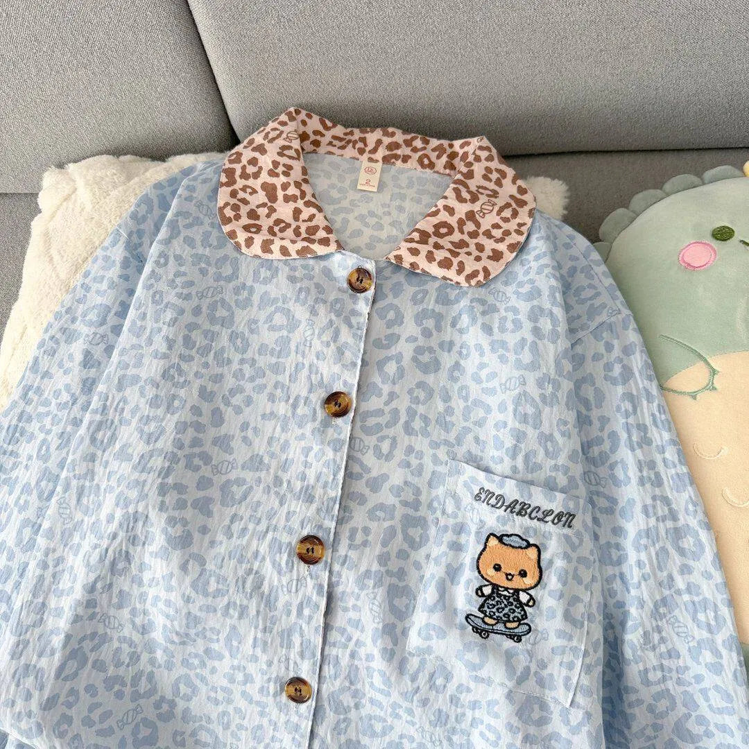 Light Blue Leopard Shirt & Pants 2 Piece Pajamas with Pocket Embroidery