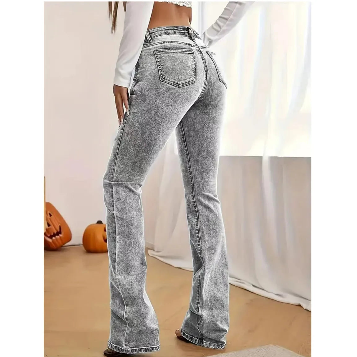 Acid Wash Grey Low Rise Flare Denim Pants