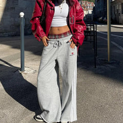 Plaid Waistband Stripe Wide Leg Grey Sweatpants